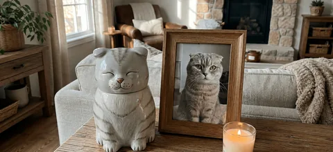 Hand-painted cat memorial urn on a cream shelf beside a framed photo and candle