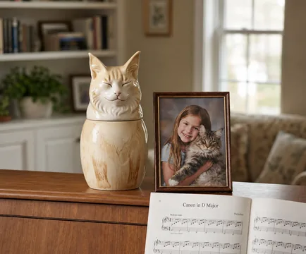 Quiet home memorial corner with cat urn, small plant, and framed photo