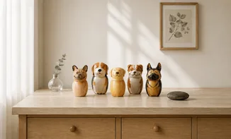 Card showing breed-specific dog urn likenesses