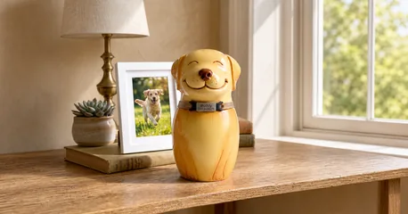 Dog memorial urn arranged beside a framed photo and collar tag
