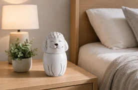 Dog urn on a bedside table with a small plant