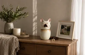 Dog urn in a quiet corner with a collar tag