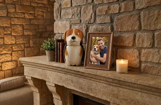 Dog urn on a shelf beside a framed photo